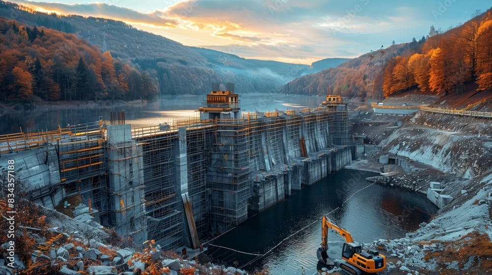 Wall mural construction of new hydroelectric dam in autumn. hydroelectric dam under construction in a picturesq