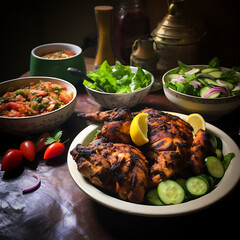 Chicken tikka kebab served with fresh vegetables and salad