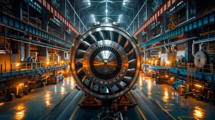 Obraz premium Massive Turbine in Industrial Power Plant. Large turbine installed in an industrial power plant, emphasizing the scale and technological complexity of the machinery.