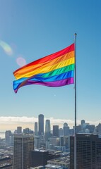 Pride flags fly over the city skyline. It is a symbol of visibility and pride for the LGBTQ+ community.