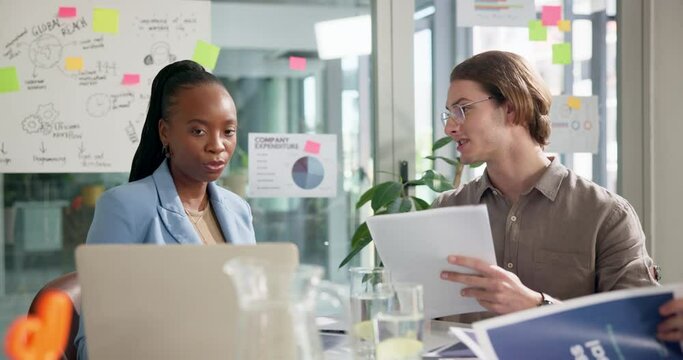 Business people, meeting and sales training with laptop and paperwork for help, questions and communication. Corporate team, manager and copywriter with faq, feedback and discussion in office