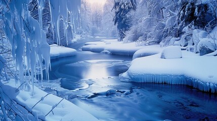 Beautiful Winter Scene Frozen River and Icicles in a Blue Hue