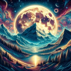 There is a mountain and a lake in the middle of the surreal painting depicting a moonlit forest.