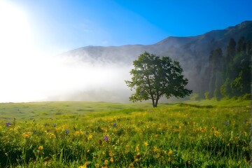 Fototapeta premium scenery of summer green grass meadow with tree on sunny day sky.