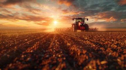 Tractor Plowing Field at Sunset. Red tractor plows a vast field during sunset, creating a dramatic and picturesque agricultural scene.