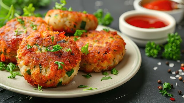 Healthy vegetable cutlet made from carrot zucchini and potato with sauce