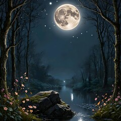 A serene night scene with a full moon, trees, and a river.