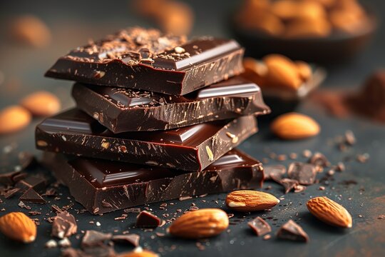 Chocolate with almonds on dark surface. Stacked chocolate pieces topped with almonds. Almonds, shavings and cheeps scattered around. Bittersweet chocolate with almonds day