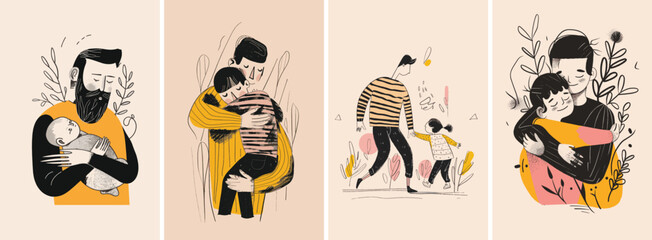 Happy father's day set of vector hand drawn illustration style posters. Dad and child together