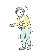 手足の震えや強張りがある高齢女性が恐る恐る歩くイラスト