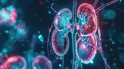 A kidney hologram with animated elements showing blood filtration or urinary system function, set in a clean, modern background 