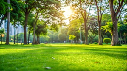 Obraz premium Park Lawn Blur: A green, well-maintained blurred background of a park lawn, ideal for outdoor and recreational themes. 