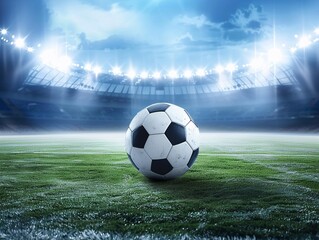 Soccer ball in stadium with lights and spotlights