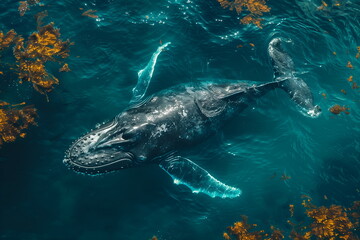 Fototapeta premium Huge whale swims above surface of water. Whale has surfaced from depths and swimming through azure water. Top view, view from above. Marine life concept. World whale and dolphin day, world oceans day
