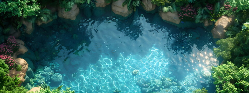 Azure lake on tropical island, surrounded by rocks and green bushes. Wide nature landscape, top view, view from drone. Banner with place for text. For travel projects, ecology, nature, vacation