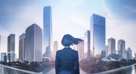 日本の街・都市・朝日を受けたオフィスビル群を前に佇み風を受けて髪をなびかせるスーツを着た会社員の女性の出勤　ビジネス・はじまり・決意・目標・挑戦のイメージ