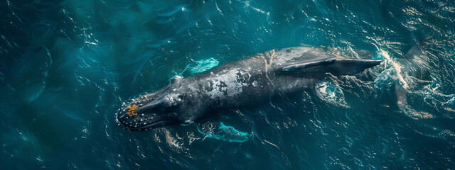 Obraz premium Huge whale swims above surface of blue water. Whale has surface from depth and swimming through azure water. Top view, view from above. Banner with copy space. World whale and dolphin day
