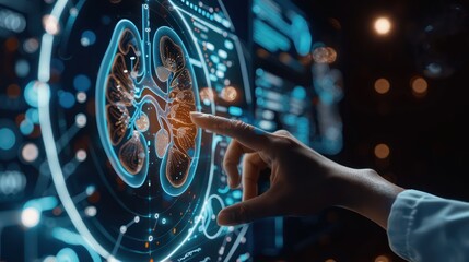 A kidney hologram integrated into a digital touchscreen interface, with a scientist or researcher interacting with it on minimalist background 