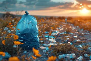 Sad natural landscape: pollution of nature with plastic bottles and polyethylene bags with garbage. Garbage on road among blooming flowers, with copy space. International plastic bag free day