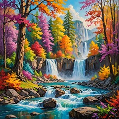 A watercolor painting of a waterfall in a forest full of colorful trees.