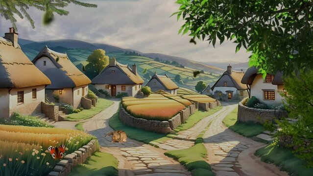 Watercolor illustration of a rural village's thatched huts nestled in the serene hills. Seamless looping 4k time-lapse virtual video animation background