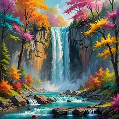 The painting depicts a waterfall in a forest with colorful trees.