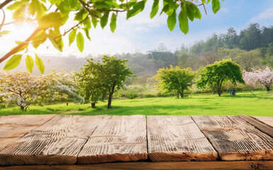 Serene spring orchard with wooden tabletop