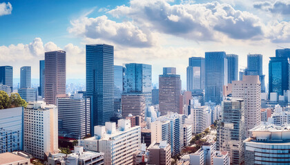 Fototapeta premium 日本の都市 両脇にそびえる朝のオフィスビル街や高層ビルと青空と雲の風景 ビジネス・出勤・仕事の背景壁紙