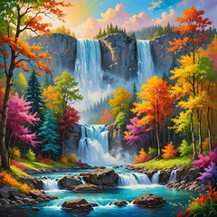 A painting of a waterfall in a forest filled with colorful trees.
