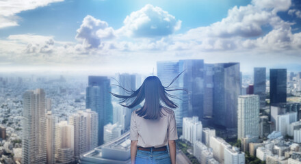 日本の街・都市・朝日を受けたオフィスビル群を前に佇み風を受けて髪をなびかせる会社員の女性の出勤　ビジネス・はじまり・決意・目標・挑戦のイメージ