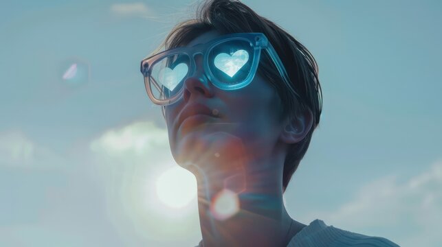 A serene scene of a person wearing AR glasses, with a heart hologram overlaying their vision, creating a surreal yet minimalist aesthetic on minimalist background