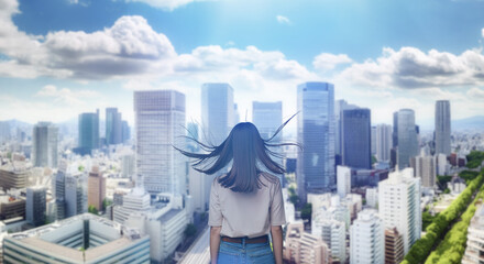 日本の街・都市・朝日を受けたオフィスビル群を前に佇み風を受けて髪をなびかせる会社員の女性の出勤　ビジネス・はじまり・決意・目標・挑戦のイメージ