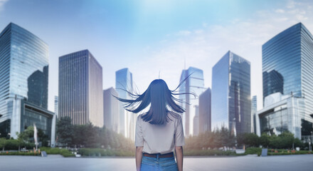 日本の街・都市・朝日を受けたオフィスビル群を前に佇み風を受けて髪をなびかせる会社員の女性の出勤　ビジネス・はじまり・決意・目標・挑戦のイメージ