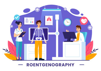 Roentgenography Vector Illustration with Fluorography Body Checkup Procedure, X-ray Scanning or Roentgen in Health Care in a Flat Cartoon Background