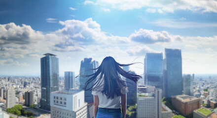 日本の街・都市・朝日を受けたオフィスビル群を前に佇み風を受けて髪をなびかせる会社員の女性の出勤　ビジネス・はじまり・決意・目標・挑戦のイメージ