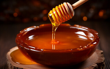 Honey dripping from a wooden honey dipper into a bowl.