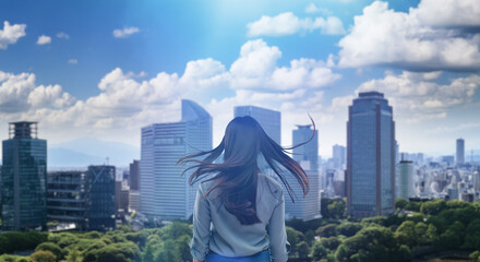 日本の街・都市・朝日を受けたオフィスビル群を前に佇み風を受けて髪をなびかせる会社員の女性の出勤　ビジネス・はじまり・決意・目標・挑戦のイメージ