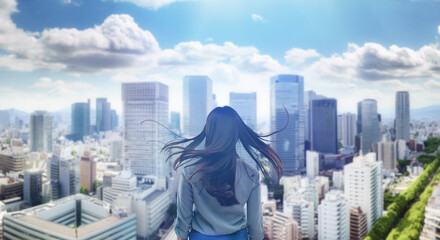 日本の街・都市・朝日を受けたオフィスビル群を前に佇み風を受けて髪をなびかせる会社員の女性の出勤　ビジネス・はじまり・決意・目標・挑戦のイメージ