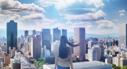 日本の街・都市・朝日を受けたオフィスビル群を前に佇み風を受けて髪をなびかせる会社員の女性の出勤　ビジネス・はじまり・決意・目標・挑戦のイメージ