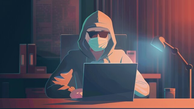 Anime Hacker Character Using Laptop In Office