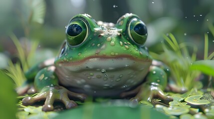 Obraz premium Close-Up Shot of Curious Green Frog with Wet Skin Sitting on Dewy Leaf in Lush Forest