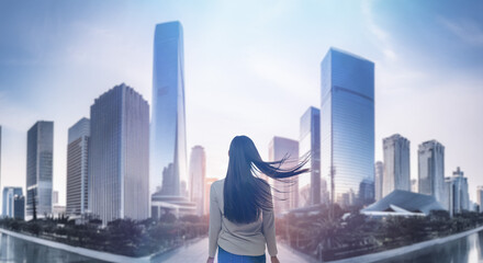 日本の街・都市・朝日を受けたオフィスビル群を前に佇み風を受けて髪をなびかせる会社員の女性の出勤　ビジネス・はじまり・決意・目標・挑戦のイメージ