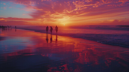silhouettes of people walking on beach on twilight sunset time