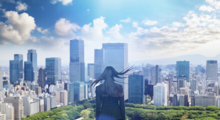 日本の街・都市・朝日を受けたオフィスビル群を前に佇み風を受けて髪をなびかせる会社員の女性の出勤　ビジネス・はじまり・決意・目標・挑戦のイメージ