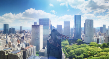 日本の街・都市・朝日を受けたオフィスビル群を前に佇み風を受けて髪をなびかせる会社員の女性の出勤　就職・ビジネス・はじまり・決意・目標・挑戦のイメージ