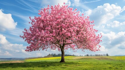 Naklejka premium Cherry Blossom Tree in Full Bloom on a Bright Spring Day
