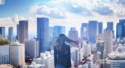 日本の街・都市・朝日を受けたオフィスビル群を前に佇み風を受けて髪をなびかせる会社員の女性の出勤　就職・ビジネス・はじまり・決意・目標・挑戦のイメージ