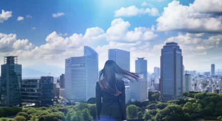 日本の街・都市・朝日を受けたオフィスビル群を前に佇み風を受けて髪をなびかせる会社員の女性の出勤　就職・ビジネス・はじまり・決意・目標・挑戦のイメージ