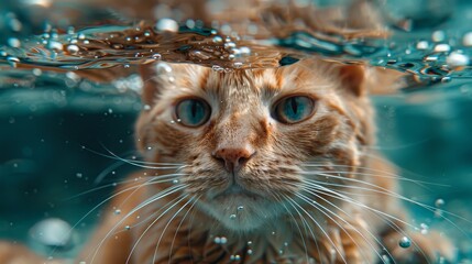 Close-up of a curious orange cat partially submerged underwater, looking straight ahead with wide eyes and droplets clinging to its fur.