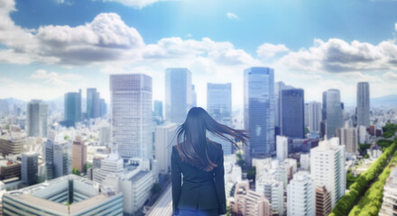 日本の街・都市・朝日を受けたオフィスビル群を前に佇み風を受けて髪をなびかせる会社員の女性の出勤　就職・ビジネス・はじまり・決意・目標・挑戦のイメージ